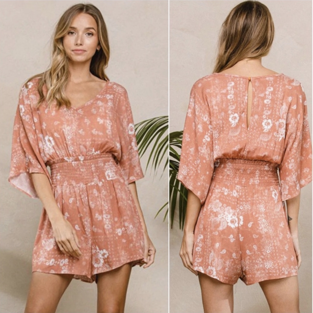 Last 1! Sweet Summer Coral One Piece Romper w/ Gorgeous Floral Paisley Print - Picture 2 of 5